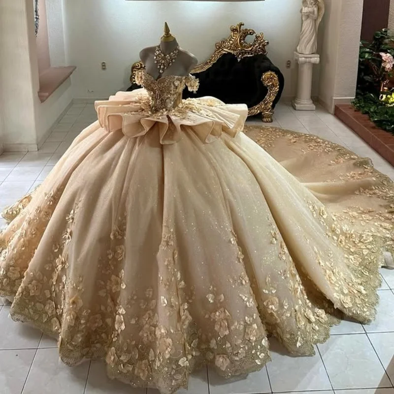

Customized Shiny champagne Quinceanera Dresses Off the Shoulder crystal applique 3D flower Long tail Vestido 15 Quinceanera
