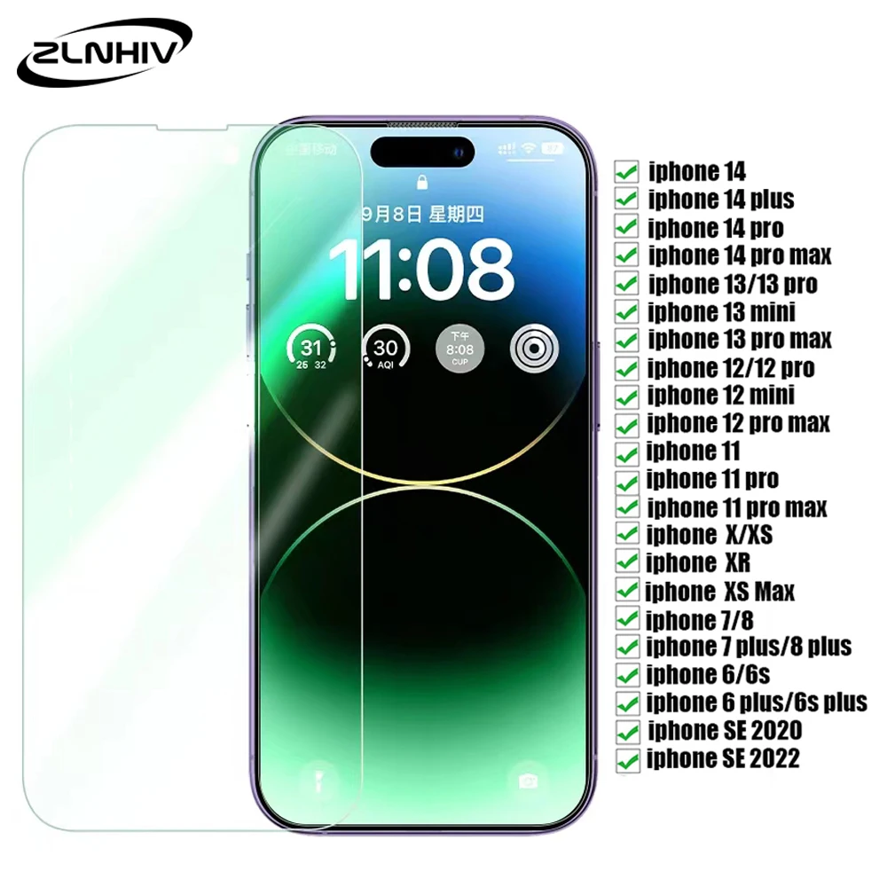 ZLNHIV For iphone 14 13 12 11 pro max mini X XS Max XR SE 7 8 6 plus screen protector Green Eye Protection Tempered Glass film