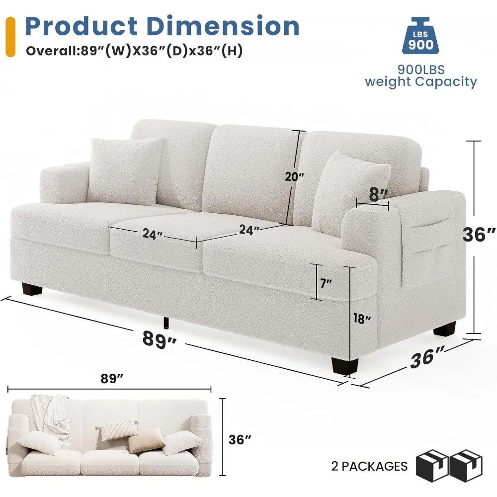 Home Furniture Deep Seat Sofa 89 Inch With Throw Pillow Living Room Sofas Sleeper Couch Offwhite