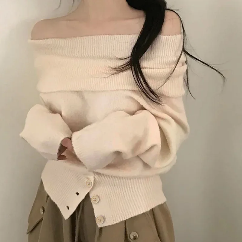 

Женский свитер с открытыми плечами, вязаный укороченный модный пуловер с длинными рукавами, джемпер с напуском, топы, эстетичная уличная одежда
