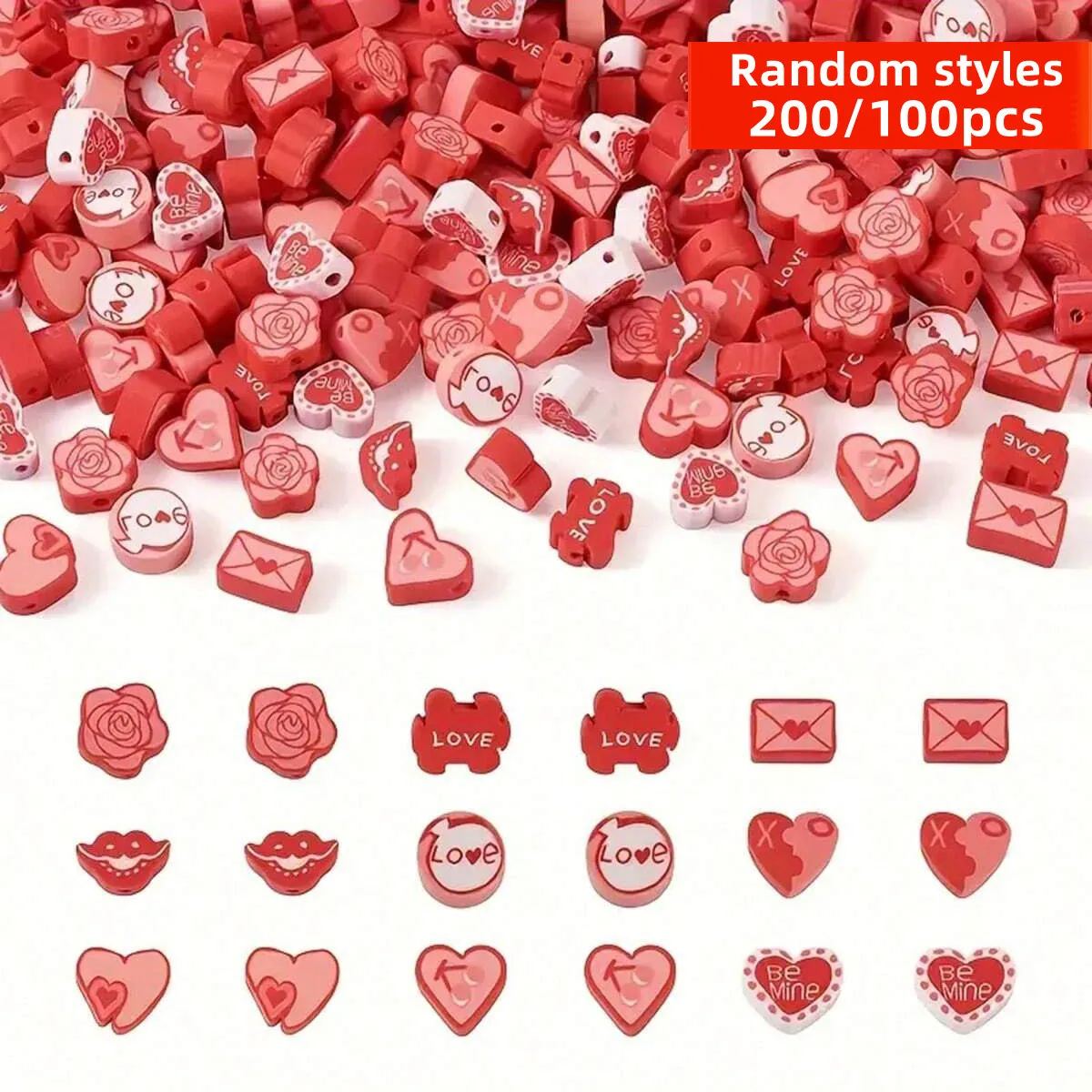 200/100 piezas de 9-16 mm, estilos aleatorios, rojo Marte y mezcla de cuentas de arcilla polimérica en forma de corazón, cuentas espaciadoras, para manualidades DIY