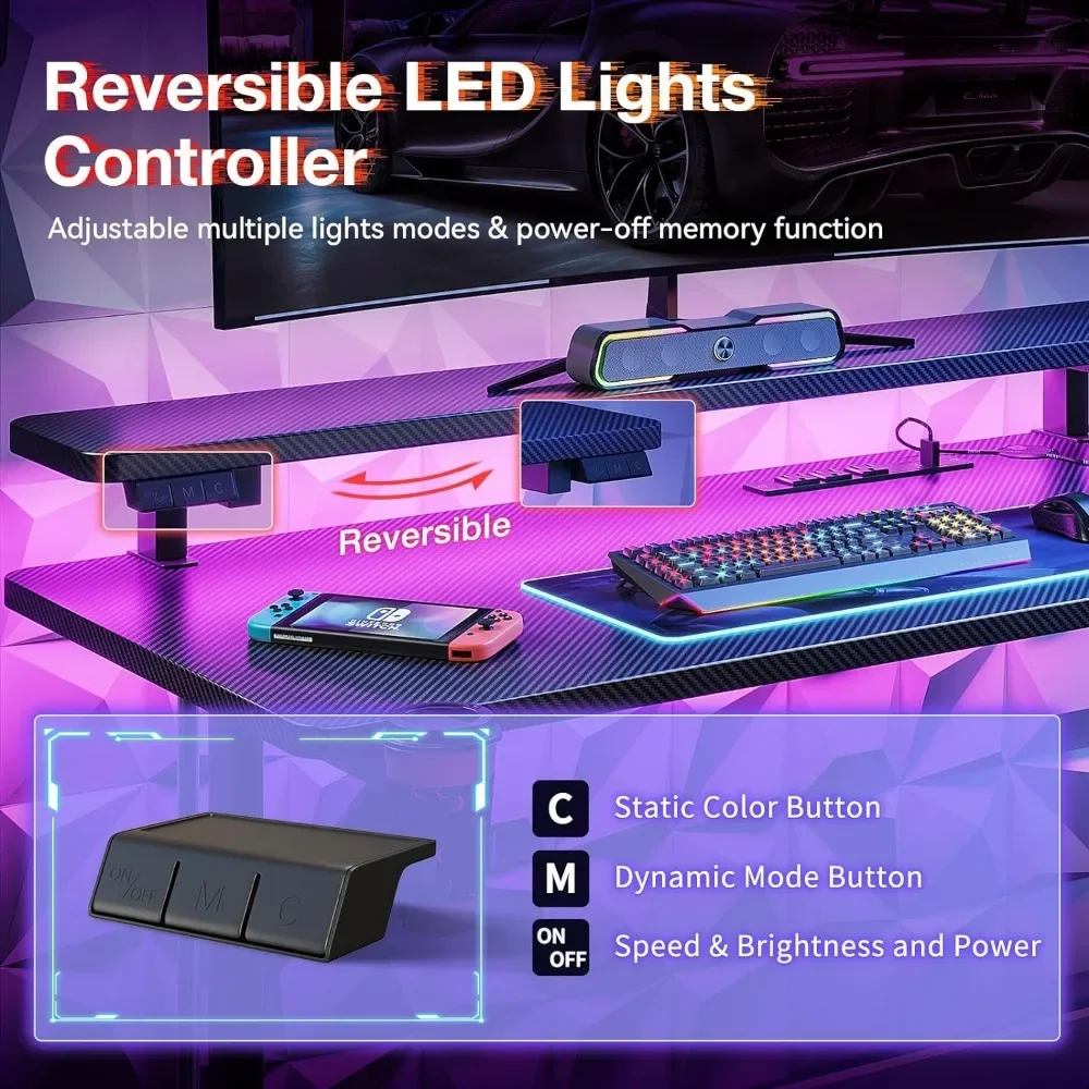 Mesas Computador com Luzes LED e Tomadas, Mesa Gaming com Prateleira Monitor, 31"