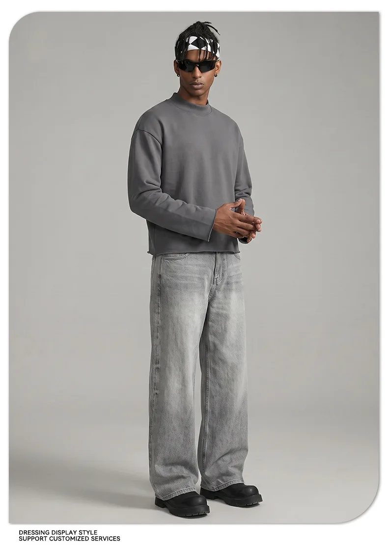 Heavy Autumn and Winter Solid Color Sweater Men's Hem Rough Edge Retro Semi-turtleneck American Pullover Sweater
