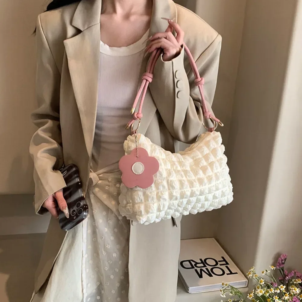 

Fashion Crossbody Bag With Pleated Design Embroidered Plaid Shoulder Bag Underarm Bags Simple Large Capacity Quilted Tote Bags