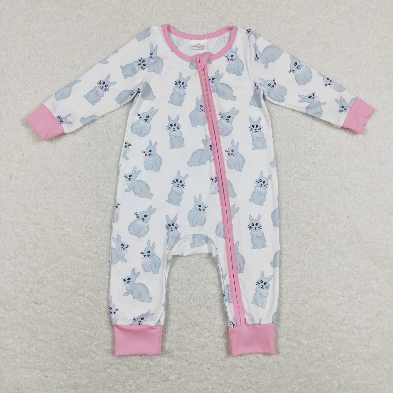 

Wholesale Baby Girl Easter Long Sleeves Rabbit Kids Toddler Pink Zipper One-piece Newborn Romper Clothing