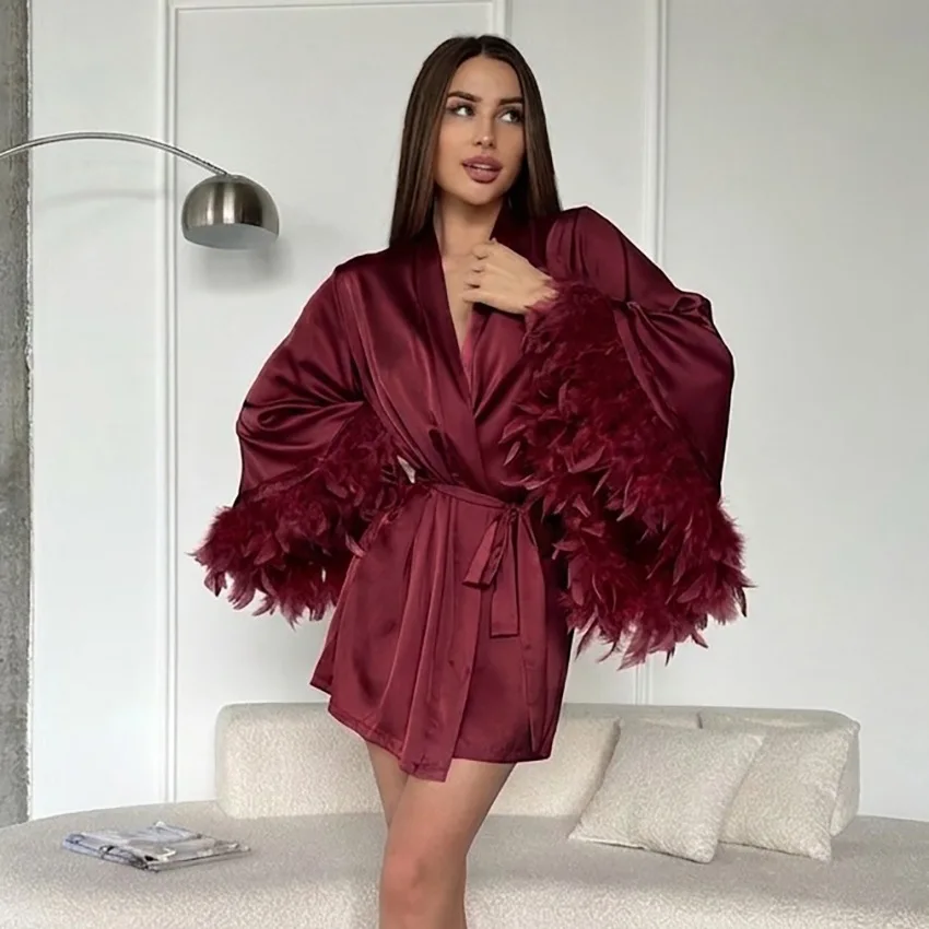 Luxury Imitation Silk Satin Bathrobe for Women Fluffy Feather Trim Cuff V-Neck Belted Short Robe Sleepwear Bridal Morning Gown