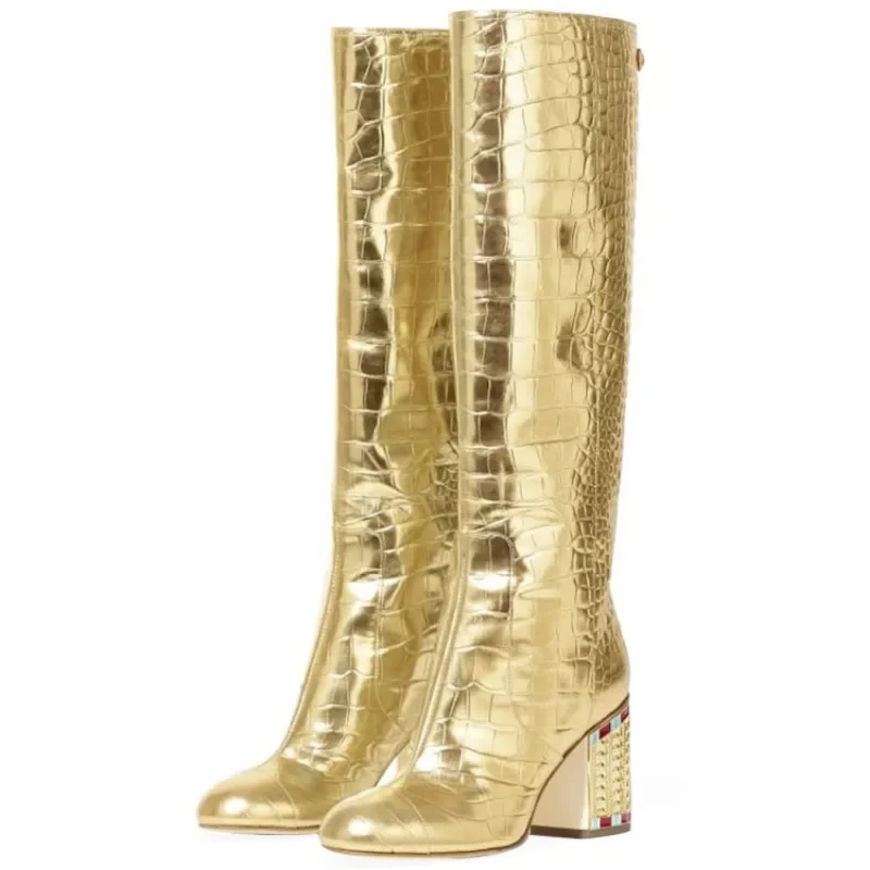 Fashion Crocodile Patterned Electroplated Heel Long Boots New European and American Gold White Rhinestone Winter Women's Boots