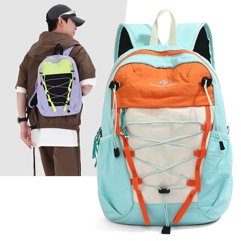 Nylon fabric drawstring schoolbag, lightweight, large capacity, casual, color-matching, outdoor, hiking, double-shoulder bag