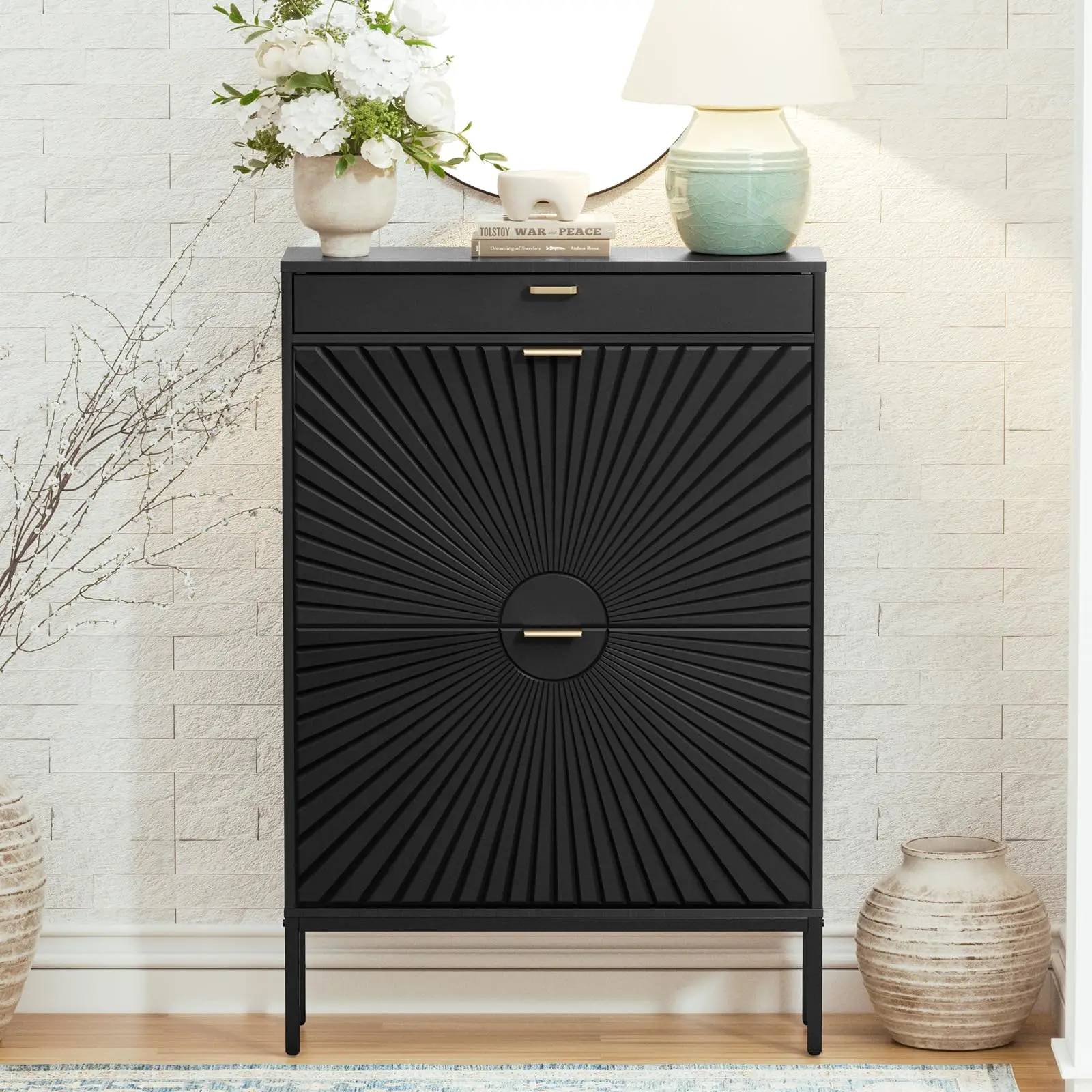Shoe Cabinet with Sun Pattern Doors, Modern 2 Flip Drawer Entryway Shoe Organizer, Hidden Shoe Rack with Small Drawer