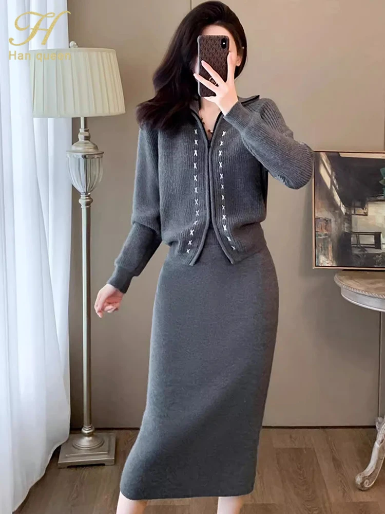 H Han Queen Autumn Winter Woman Knitted Sweater 2 Pieces Set Simple Zipper Cardigan + Vintage High Waist Skirt Korean Skirts Set