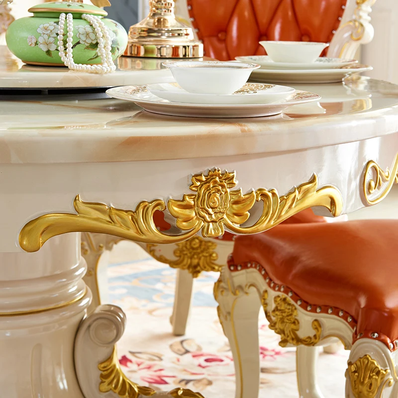 Ivory white round table solid wood villa home dining table hotel hot pot table and chairs with turntable