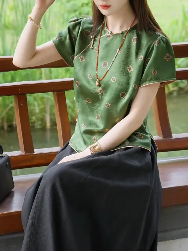 

Женская летняя блузка с цветочным принтом в китайском стиле, модная, универсальная, больших размеров, с коротким рукавом