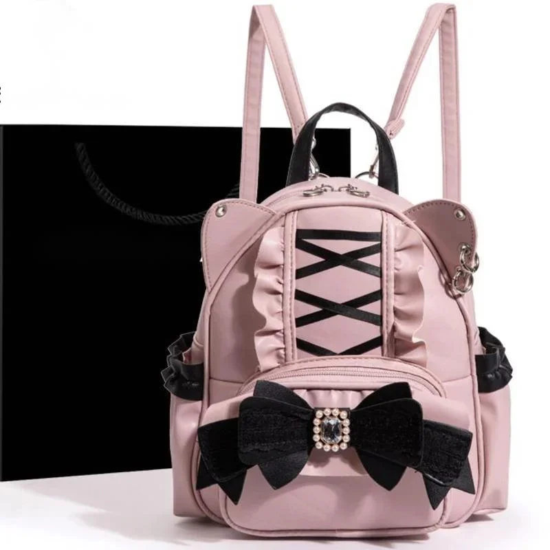 

Bow Y2K Ribbon Backpack Itabag Japan PU Kawaii Mine Lace Cat Ear Backpack Zipper Student Waterproof Large Capacity Backpack New