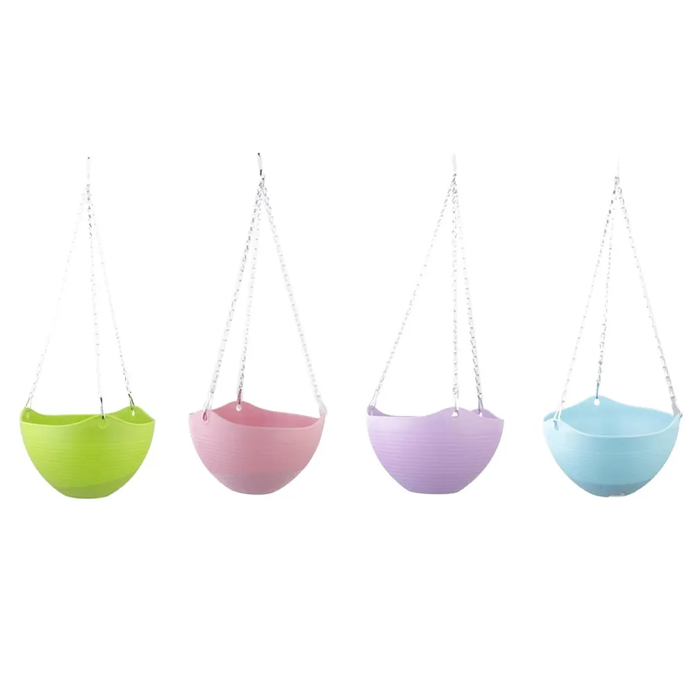 Pink Hanging Flower Pot 2L PP Resin and Iron Chain Garden Balcony Hanging Planter with Bottom Drainage Hole Space Saving Planter