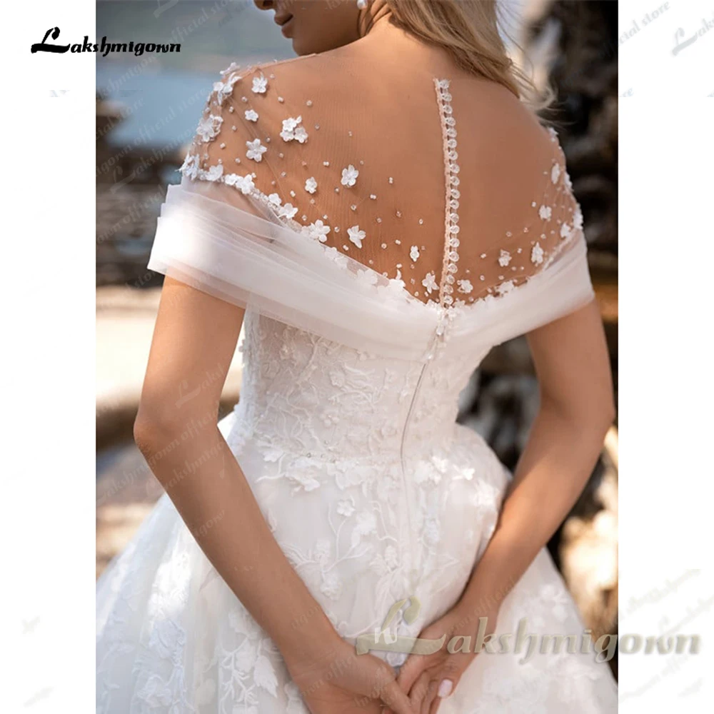 Lakshmigown オフショルダー V ネックレースアップリケウェディングドレス 2025 A ラインボタンコートトレインカスタマイズ Vestido デノビア