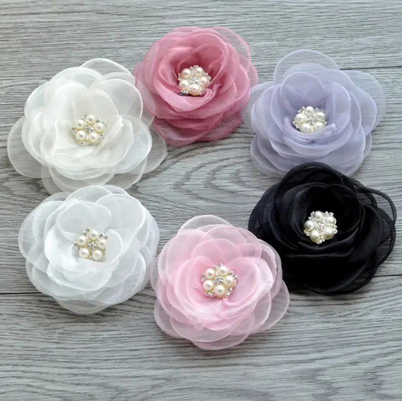 

50pcs/lot 4.3" 6colors Newborn Gauze Layered Flower+Rhinestone For Baby Girls Hair Accessories Rose Fabric Flowers For Headbands