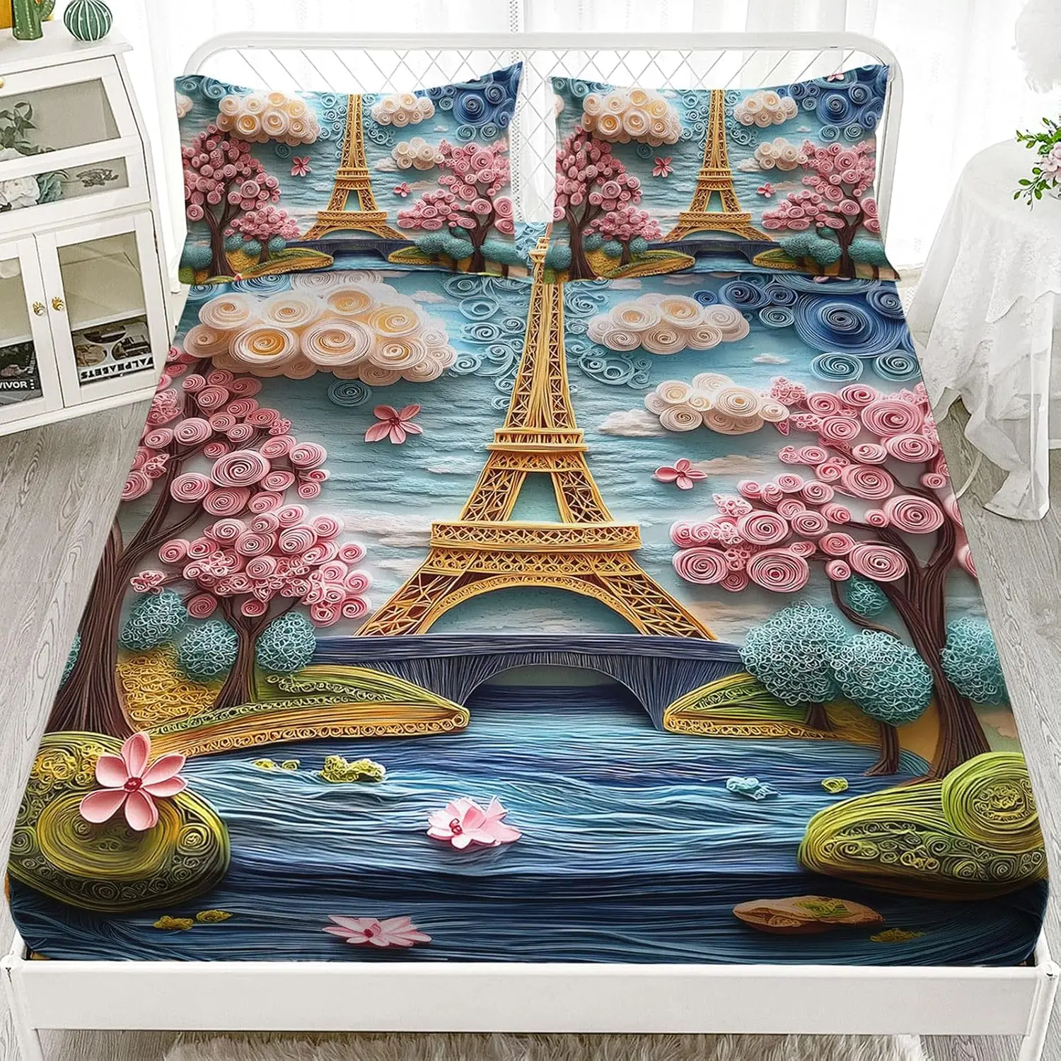 Vintage Eiffel Tower Twin Queen Fitted Sheet,Romantic Paris Floral Bedding Set for Kids Adults,French Style Flower Bottom Sheets