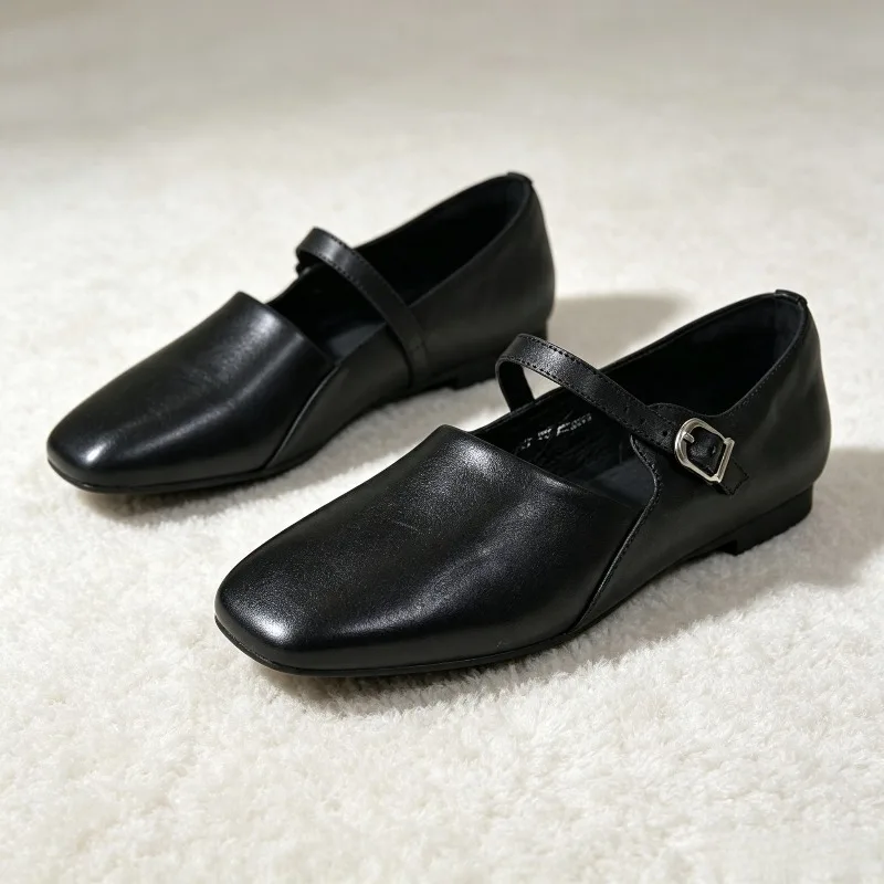 Comfortable Soft Leather PU Ballet Flats Women Fashion Round-Toe Belt Buckle Design Mary Jane Shoes Light Non-Slip Casual Shoes