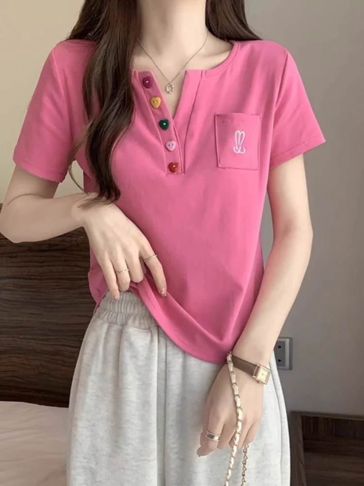 تي شيرت نسائي صيفي فضفاض من القطن الخالص بأكمام قصيرة ورقبة على شكل حرف v تي شيرت نسائي صيفي فضفاض غير رسمي على الطراز الكوري... #4