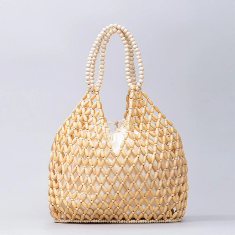 

Summer Beach Holiday Large Capacity Shoulder Bags Women's Log Color Wood Beading Handbag Leisure Travel Adjustable Tote Bags