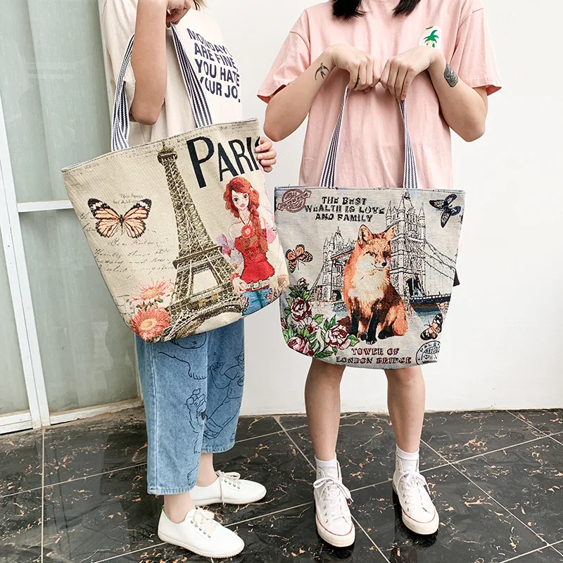 Summer Women's Canvas Cartoon Graffiti Printing Handbag Large Capacity Shoulder Beach Bag Fashion Folding Ladies Casual Tote Bag