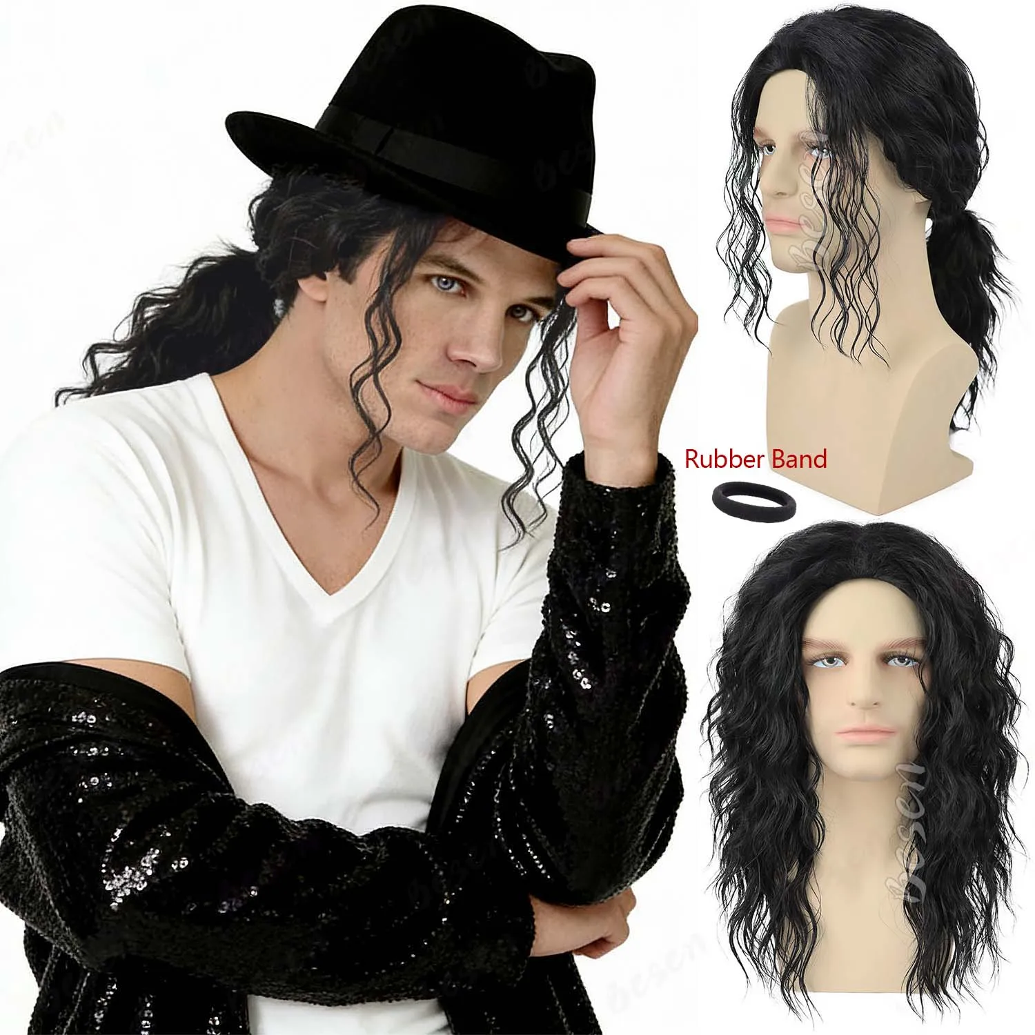 

Synthetic Men Cosplay Wig Long Black|Brown Curly Ponytail Wigs 70s 80s Rock Middle Part Wig,Michael Jackson|Pirate Role Play Wig