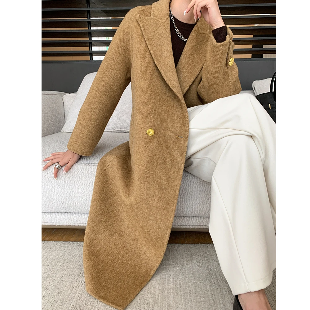 Women Autumn Winter Wolen Coats Turn Down Collar Design 69% Cashmere Long Wool Coat Veste Femme Tops