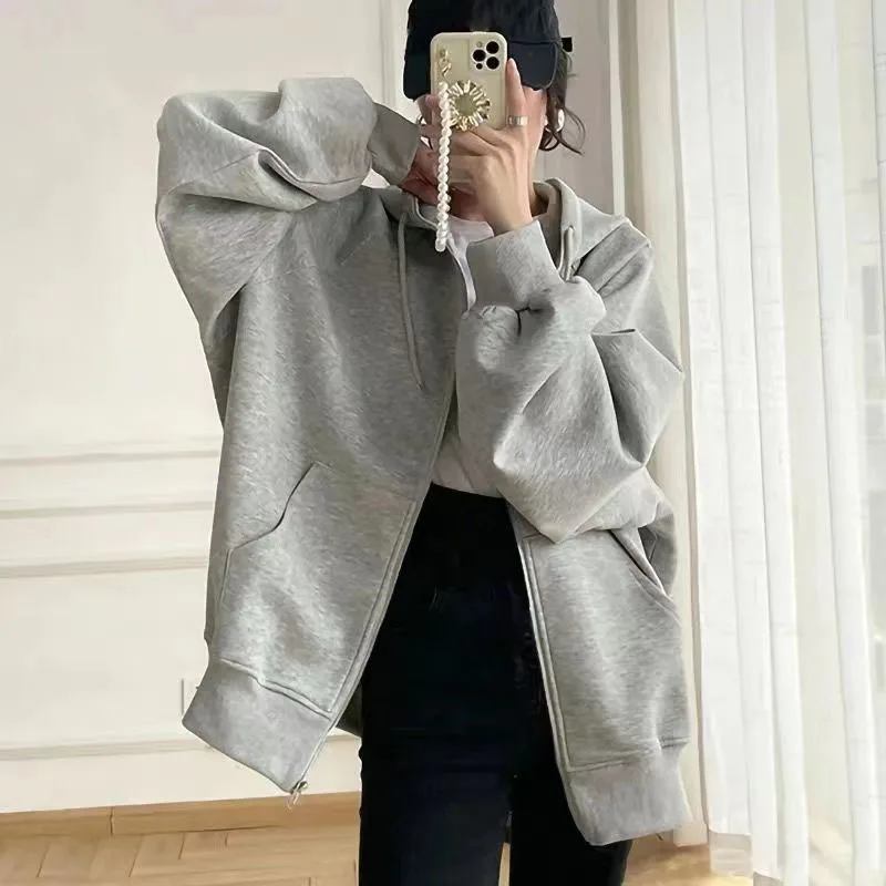 Casual Hooded Sweatshirt Female Thicken Fleece Warm Loose Coats Black Gray Zip-Up Hoodies Women Autumn Winter Oversized