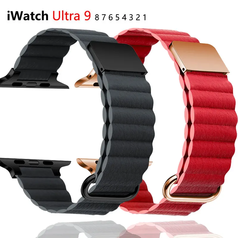 Luxury Leather Band For Apple Watch 9 8 7 Series 44MM 45MM Soft Silicone Magnetism Watchband Strap For iWatch 6 5 4 3 42MM 49MM