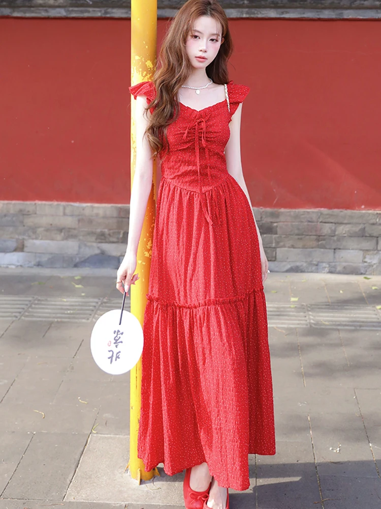 

Summer Red Polka Dot Bow Ruffled Square Collar Long Dress 2025 Korean Fashion Luxury Festival Dress Summer Elegant Evening Dress