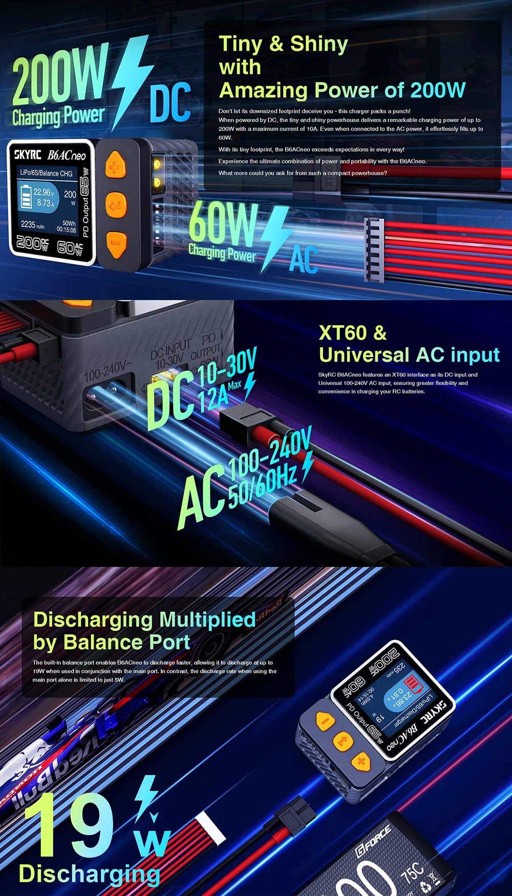 SKYRC B6ACneo Charger DC 200W AC 60W 10A Balance Charger Discharger Digital LiPo LiFe LiIon LiHV NiMH NiCd Pb Smart Battery