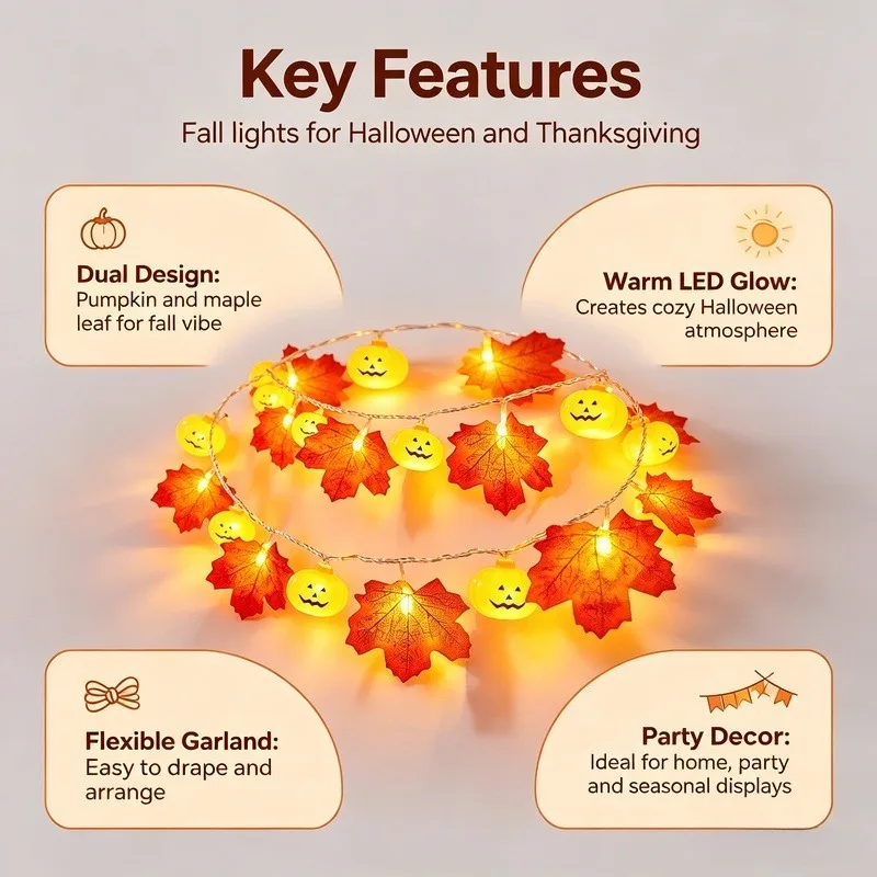 Thanksgiving Pumpkin Maple Leaf Fairy Lights, LED Fall Garland for Home Party Harvest Decorations