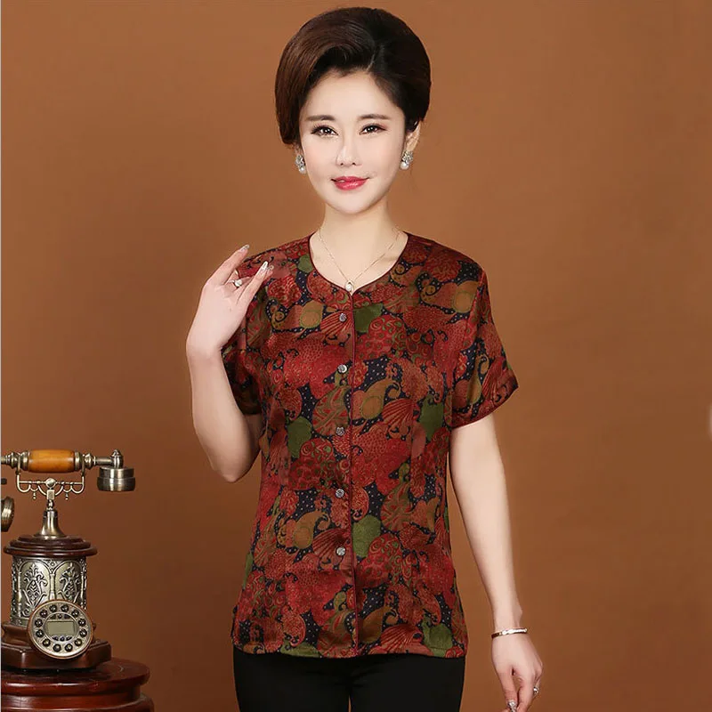 

New arrival pure silk short sleeve women shirts,100% gambiered Guangdong silk loose blouse,round collar print clothes for women