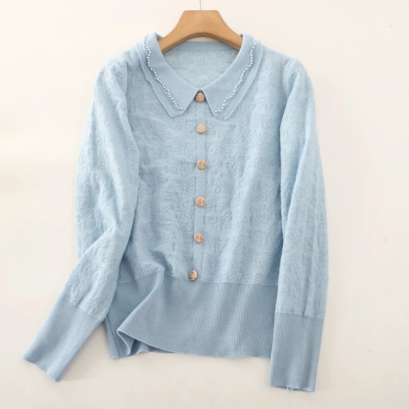 Knitwear Cardigan Women Quality Beaded Peter Pan Collar Buttons Front Jacquard Sweater Shirts Brand New Knitted Female Clothing