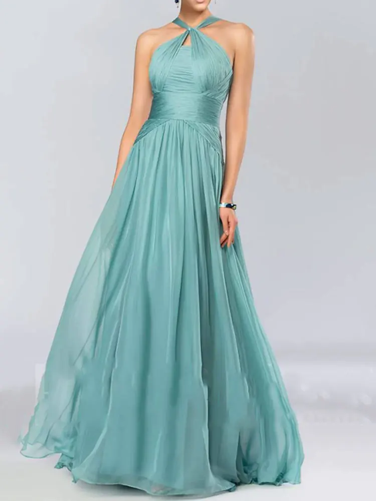 

A-Line Bridesmaid Dresses Halter Neck Sleeveless Elegant Gowms Floor Length Chiffon Dresses with Pleats 2024 New Customized