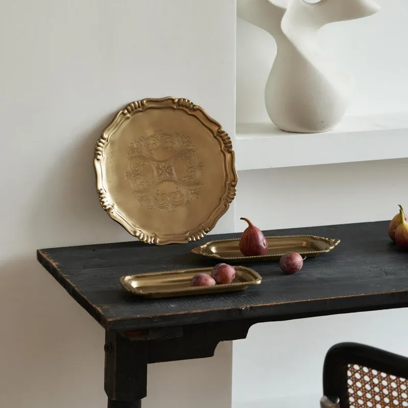 

Indian European retro carved brass tray ornament snack fruit plate desktop decoration storage plate jewelry plate