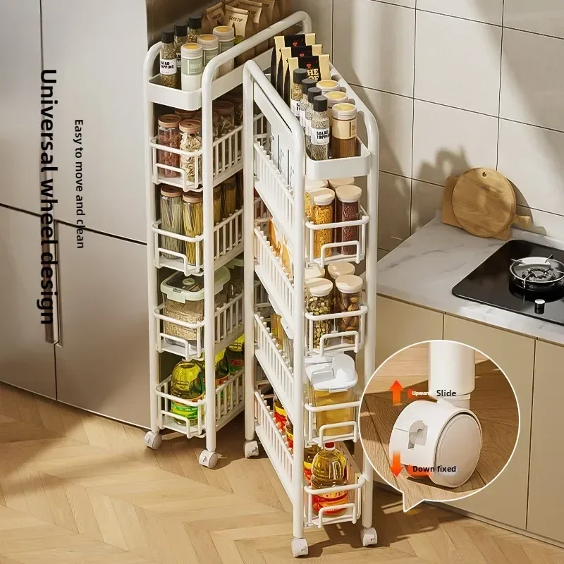 

Ultra Narrow Pull-out Seasoning Rack Side of Refrigerator Storage Rack Multifunctional Bathroom Shelf with Pulley Kitchen Cart