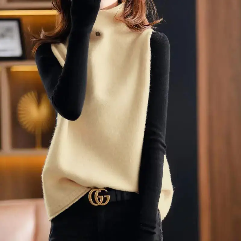 Fashion Women Vintage Turtleneck Sweater Vest Spring Autumn All-match Casual Streetwear Solid Loose Sleeveless Knitted Pullovers