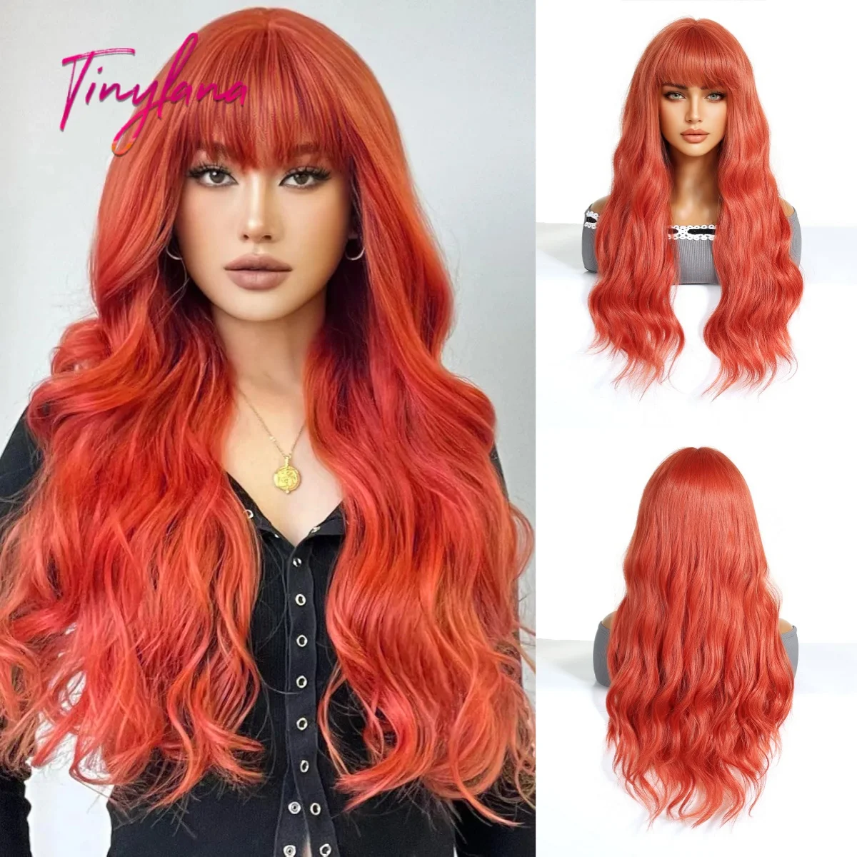 

Curly Long Orange Copper Ginger Synthetic Wavy Wig with Bangs Lolita Cosplay Heat Resistant Hair for Women Natural Daily Party