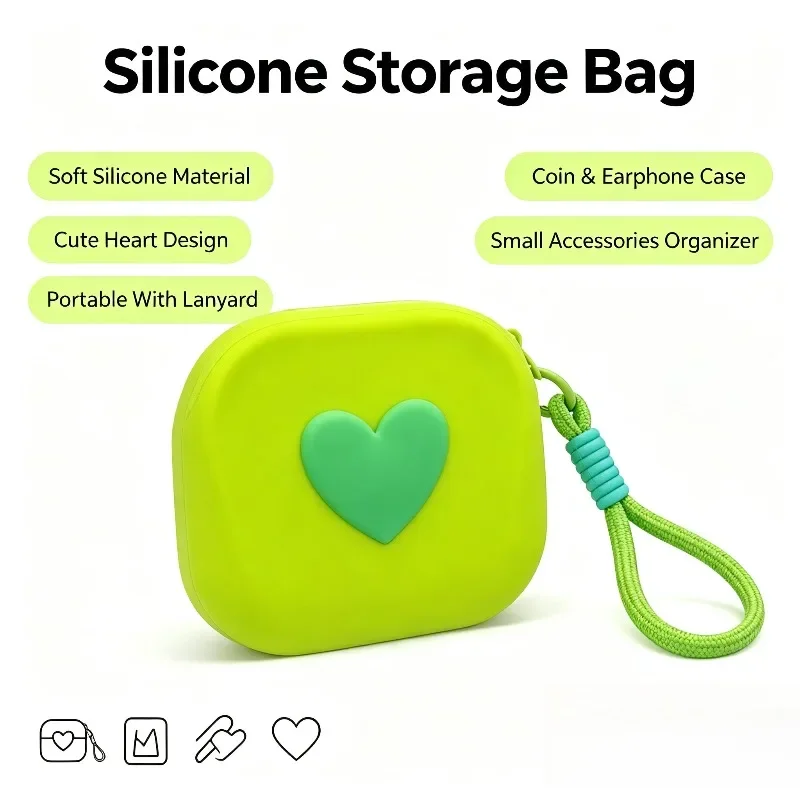 Heart Square Soft Silicone Bag Handheld Bluetooth Earbud Storage Pouch Waterproof Portable Data Cable Small Accessory Organizer