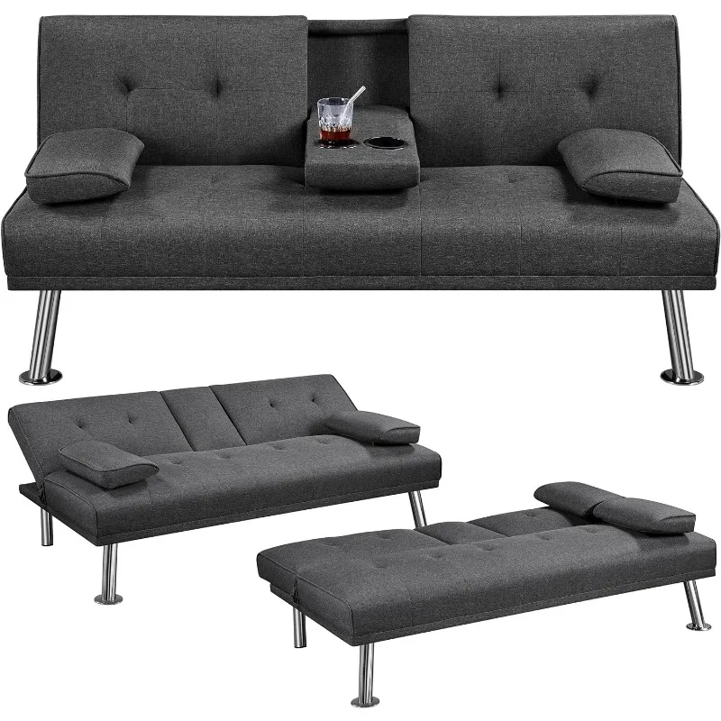 Leinen Stoff moderne Schlafs ofa Futon Couch Bett Klapp Liege Schlaf reversible Loves eat Cabrio Daybed, 2 Getränke halter