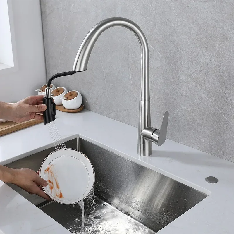 Brushed Nickel Gooseneck Kitchen Tap Pull Out Spray, Stainless Steel Retractable Hot Cold Mixer Faucet for Kitchen Sink