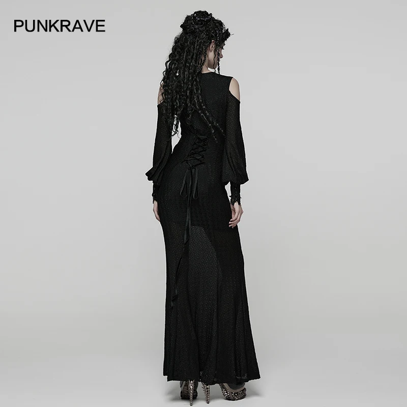 PUNK RAVE femmes élégant Goth délicat dentelle col en v cordon robe transparente charme Sexy évider Romance fête longues robes
