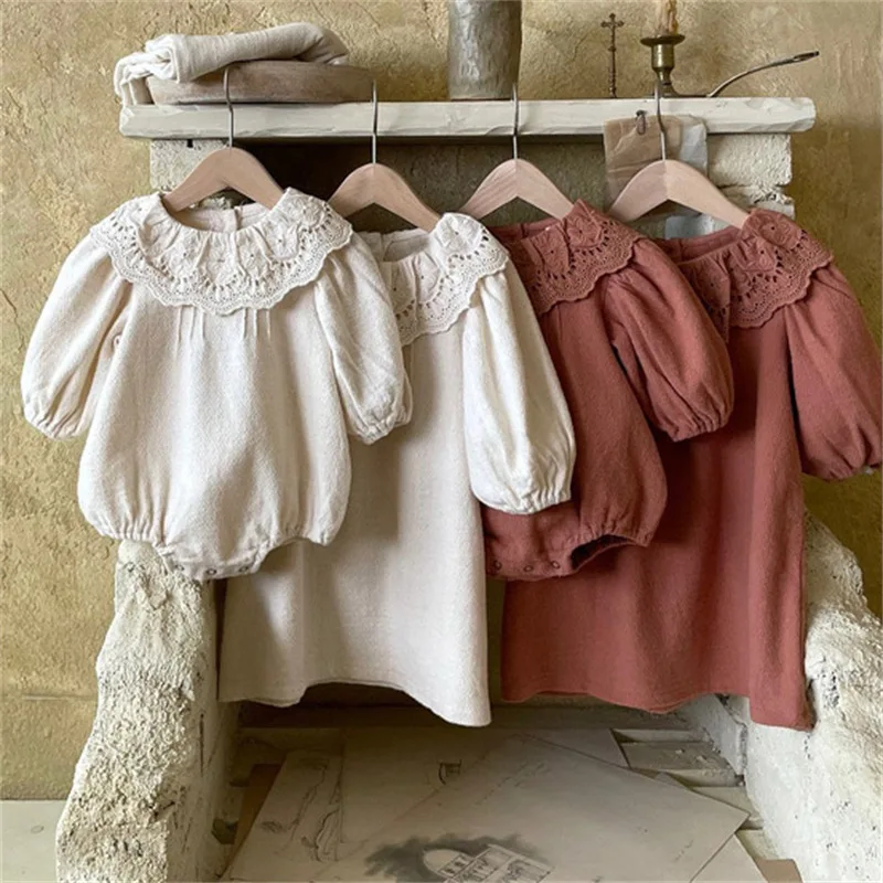 Sister Clothes 2022 New Ruffles Lace Collar Romper for Baby Girls Clothing Long Sleeve Kids Dress for Toddler Girls Costumes