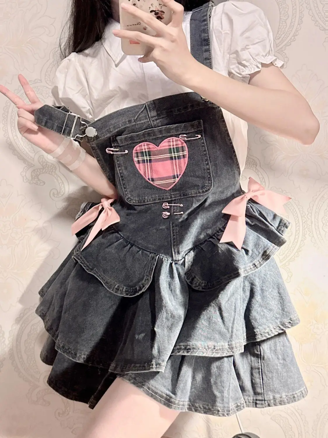 Rok tali Denim pita Musim Panas 2024 untuk wanita pakaian rok pendek Puff A-line edisi Korea gaya manis Harajuku