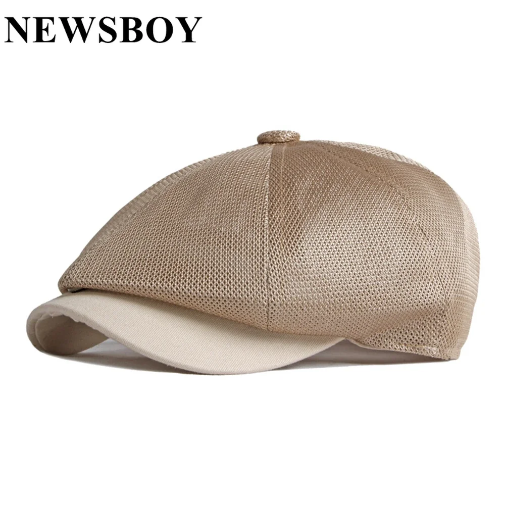 

NEWSBOY Cap Summer Hats for Men Hollow Out Hat Driver Cap British Style Mesh Breathable Solid Breathable Flat Cap Boina Elastic