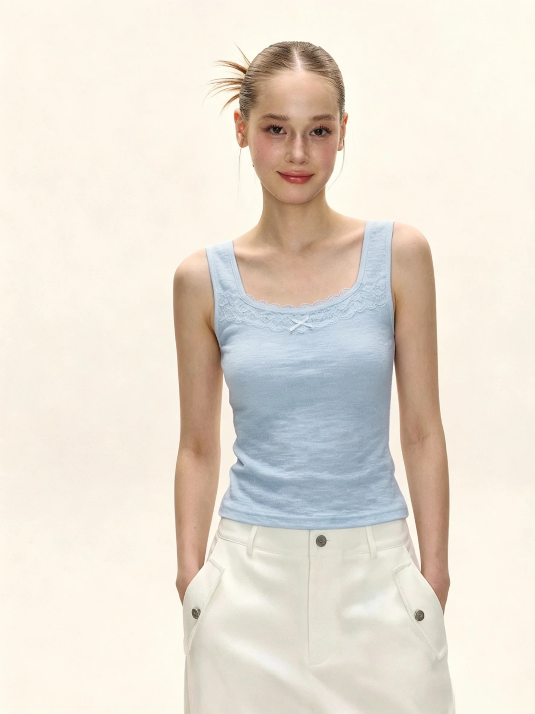 

Lace Knot Strap Vest Women's plus Size Slim Fit Base Shirt Inner Wear Outer Wear Summer New Style Qiaochun Xian
