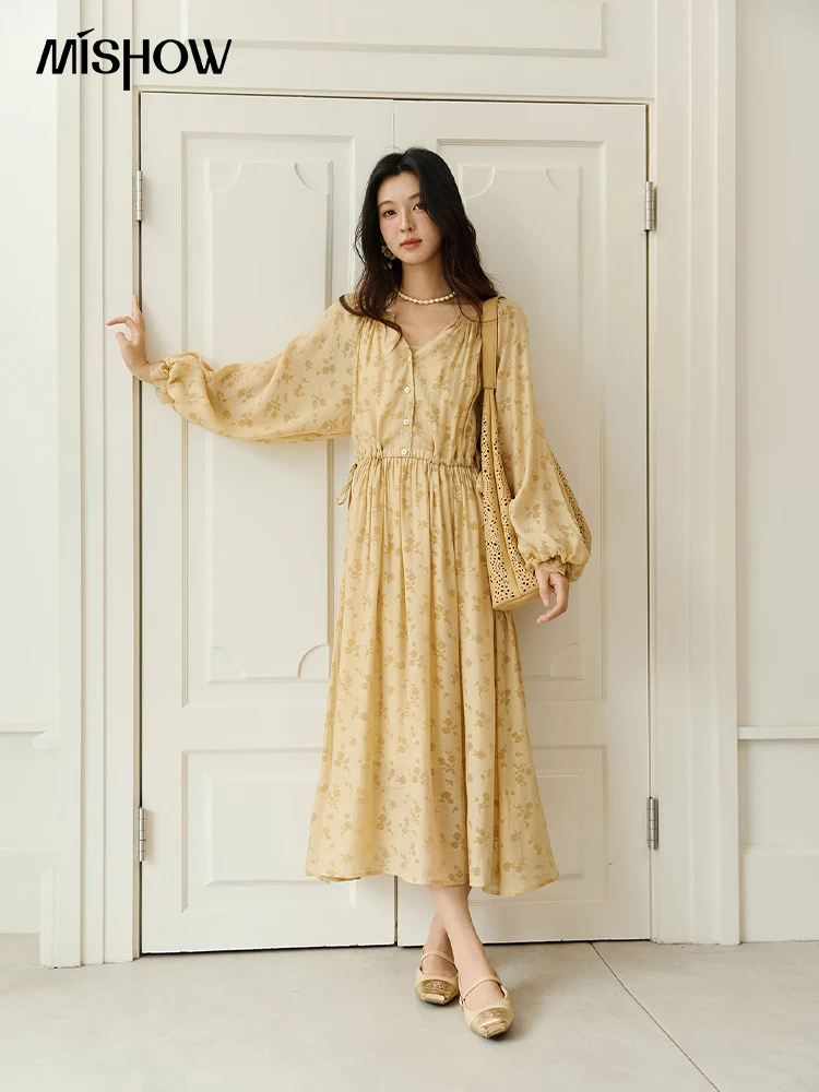MISHOW Yellow Printing Dress for Woman 2025 Autumn Elegant Lace Lantern Sleeve Waist Slim Long Dress V-neck Dress MXE47L2527