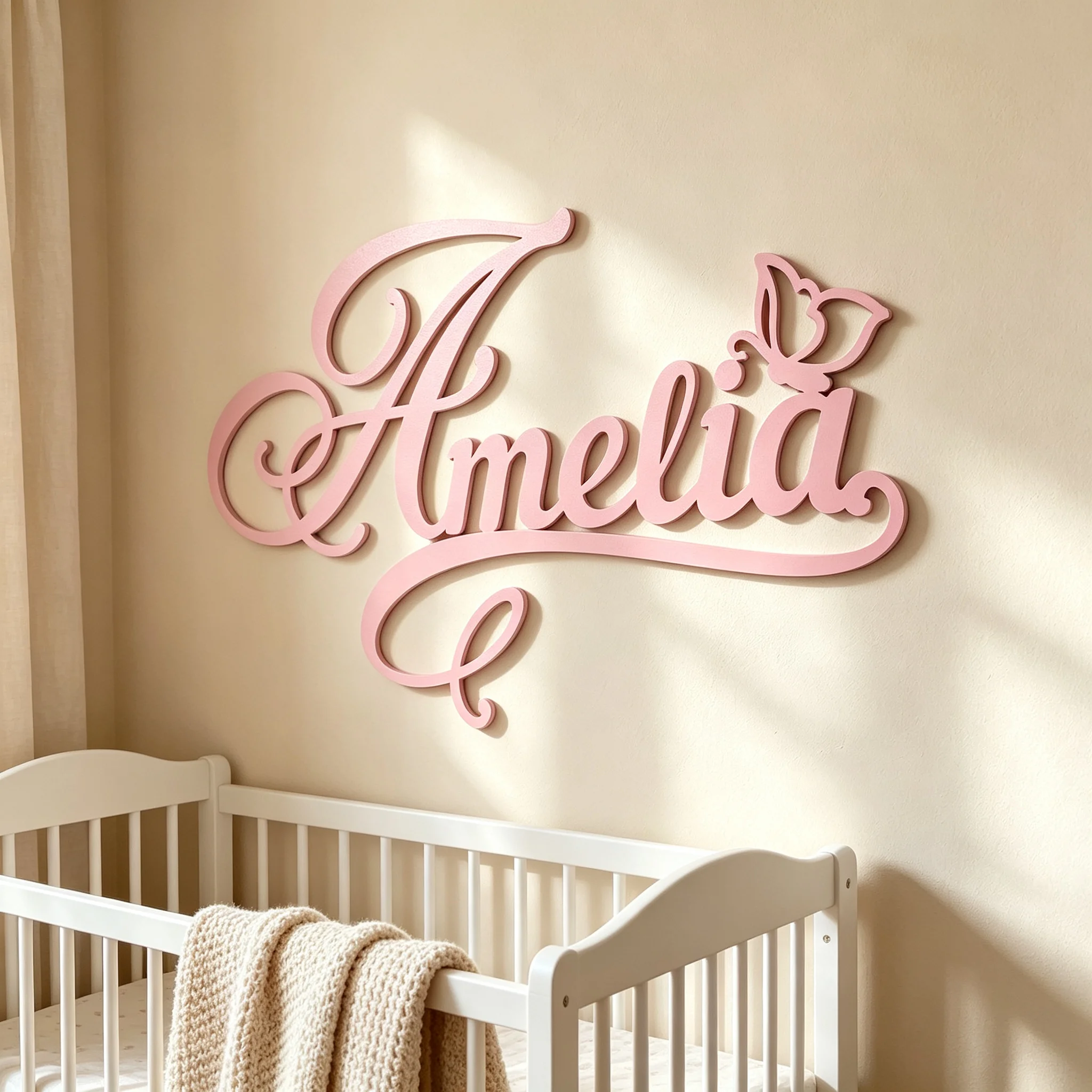 Personalized Butterfly Name Sign Custom Cursive Wooden Name Plaque Wall Hanging Decor, Newborn Baby Shower Girl Boy Gift