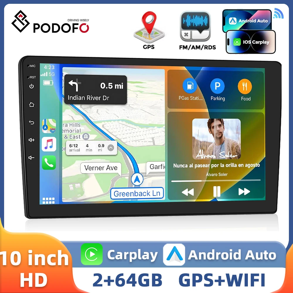 Podofo 10.1'' Android Car Stereo 2+64G Multimedia Player Carplay Android Auto Mirror Link Bluetooth WIFI GPS Navigation 2Din